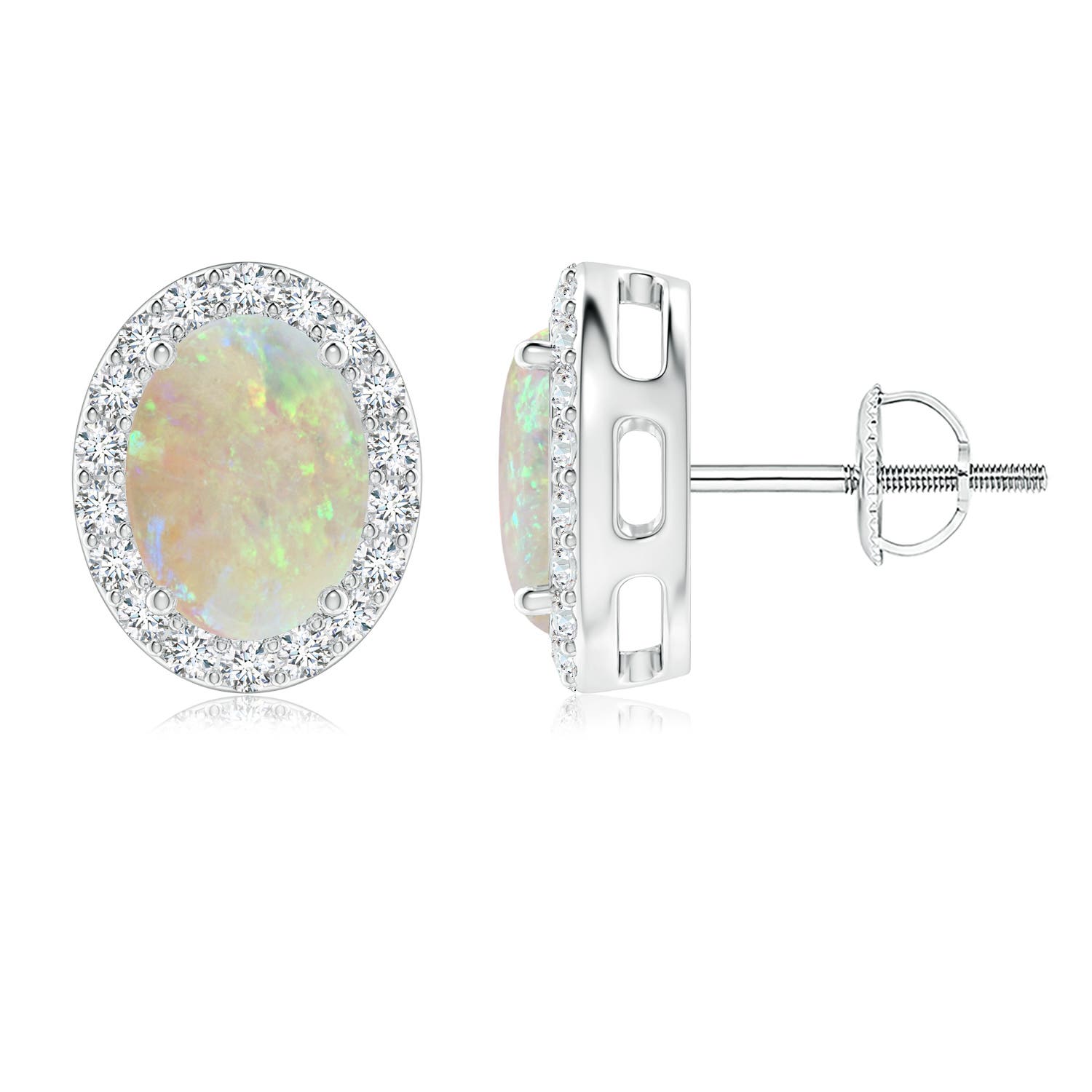 8x6mm AAA Prong-Set Oval Opal Stud Earrings with Diamond Halo in P950 Platinum