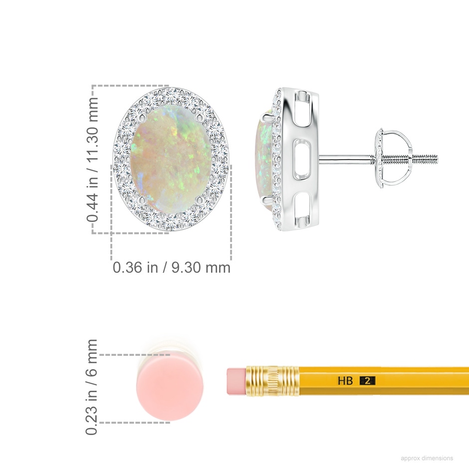 8x6mm AAA Prong-Set Oval Opal Stud Earrings with Diamond Halo in White Gold ruler