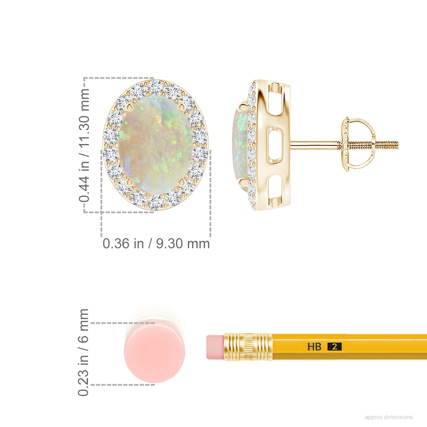 8x6mm AAA Prong-Set Oval Opal Stud Earrings with Diamond Halo in Yellow Gold - ruler