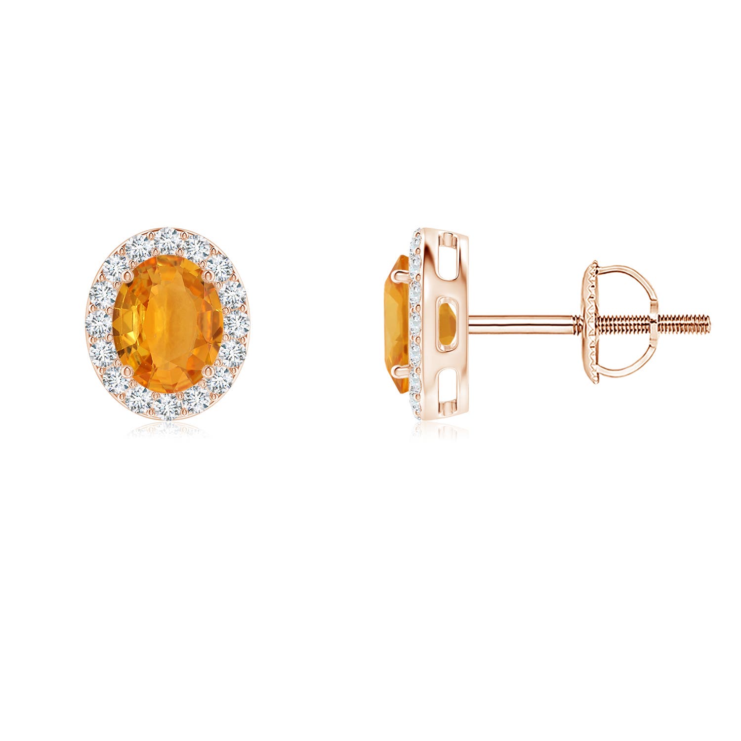 5x4mm A Oval Orange Sapphire Studs with Diamond Halo in Rose Gold