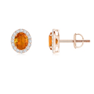 5x4mm AAA Oval Orange Sapphire Studs with Diamond Halo in Rose Gold