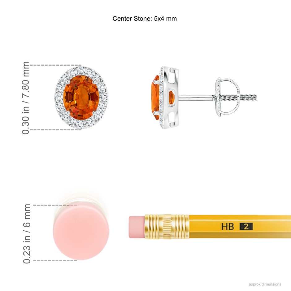 5x4mm AAAA Oval Orange Sapphire Studs with Diamond Halo in White Gold ruler