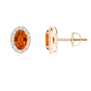 6x4mm AAAA Oval Orange Sapphire Studs with Diamond Halo in Yellow Gold