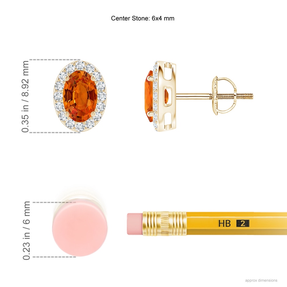 6x4mm AAAA Oval Orange Sapphire Studs with Diamond Halo in Yellow Gold ruler