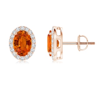 7x5mm AAAA Oval Orange Sapphire Studs with Diamond Halo in Rose Gold
