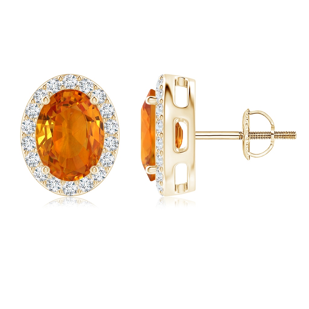 8x6mm AAA Oval Orange Sapphire Studs with Diamond Halo in Yellow Gold 