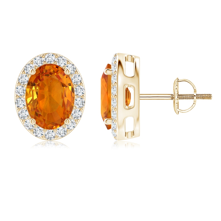 8x6mm AAA Oval Orange Sapphire Studs with Diamond Halo in Yellow Gold 