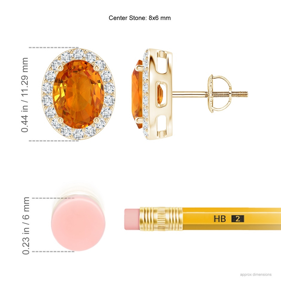 8x6mm AAA Oval Orange Sapphire Studs with Diamond Halo in Yellow Gold ruler