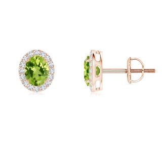 5x4mm AAA Oval Peridot Studs with Diamond Halo in Rose Gold