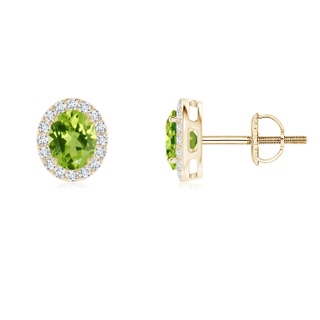 5x4mm AAA Oval Peridot Studs with Diamond Halo in Yellow Gold