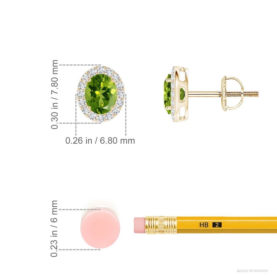 5x4mm AAAA Prong-Set Oval Peridot Stud Earrings with Diamond Halo in Yellow Gold ruler