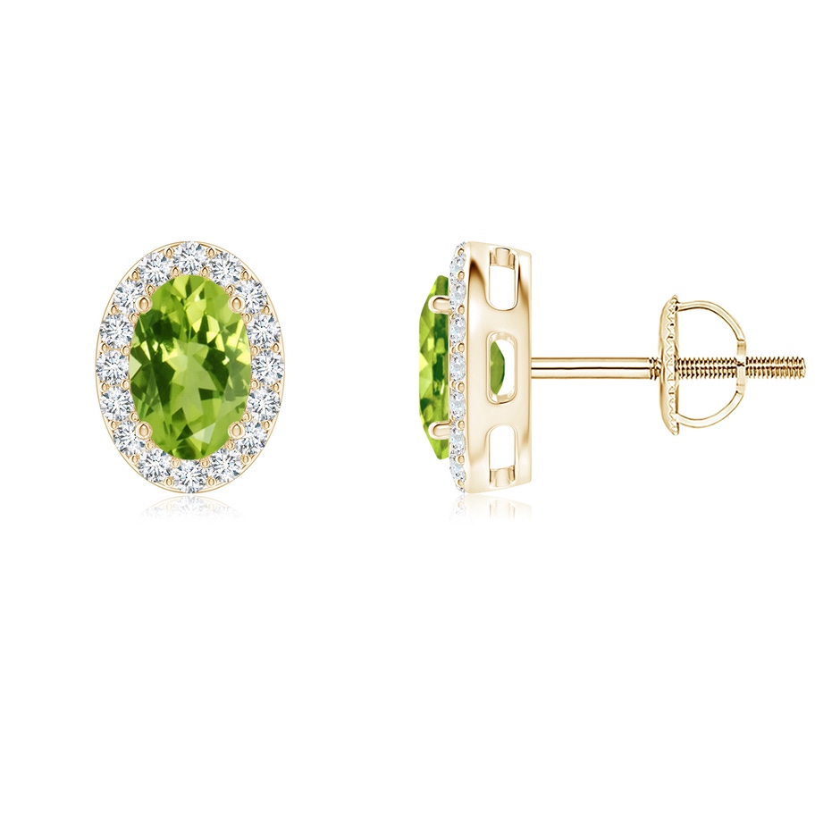 6x4mm AAA Prong-Set Oval Peridot Stud Earrings with Diamond Halo in Yellow Gold 