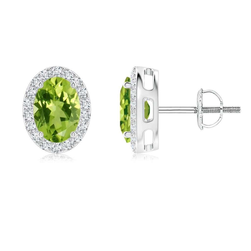 7x5mm AAA Oval Peridot Studs with Diamond Halo in White Gold