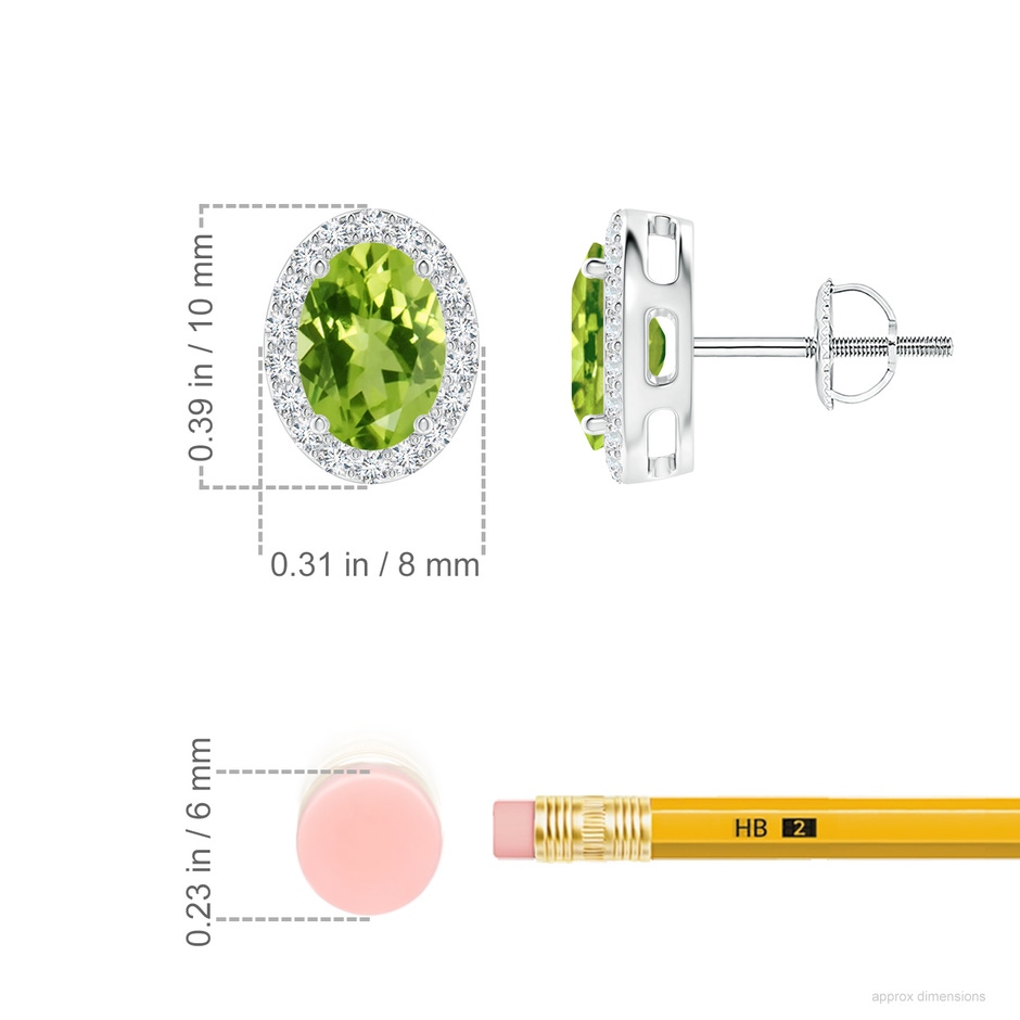 7x5mm AAA Prong-Set Oval Peridot Stud Earrings with Diamond Halo in White Gold ruler