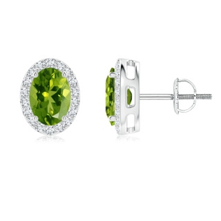 7x5mm AAAA Oval Peridot Studs with Diamond Halo in P950 Platinum