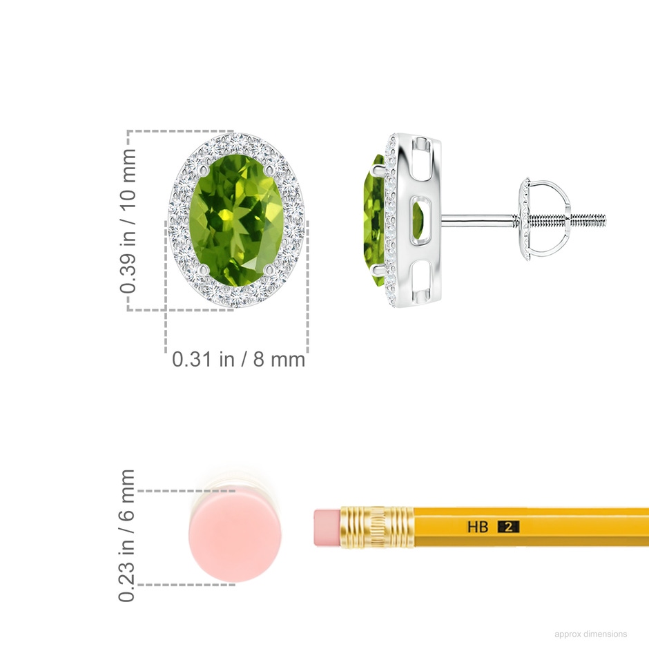 7x5mm AAAA Prong-Set Oval Peridot Stud Earrings with Diamond Halo in P950 Platinum ruler