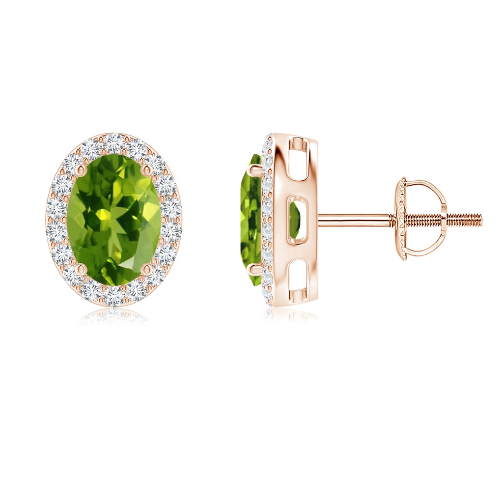 7x5mm AAAA Oval Peridot Studs with Diamond Halo in Rose Gold