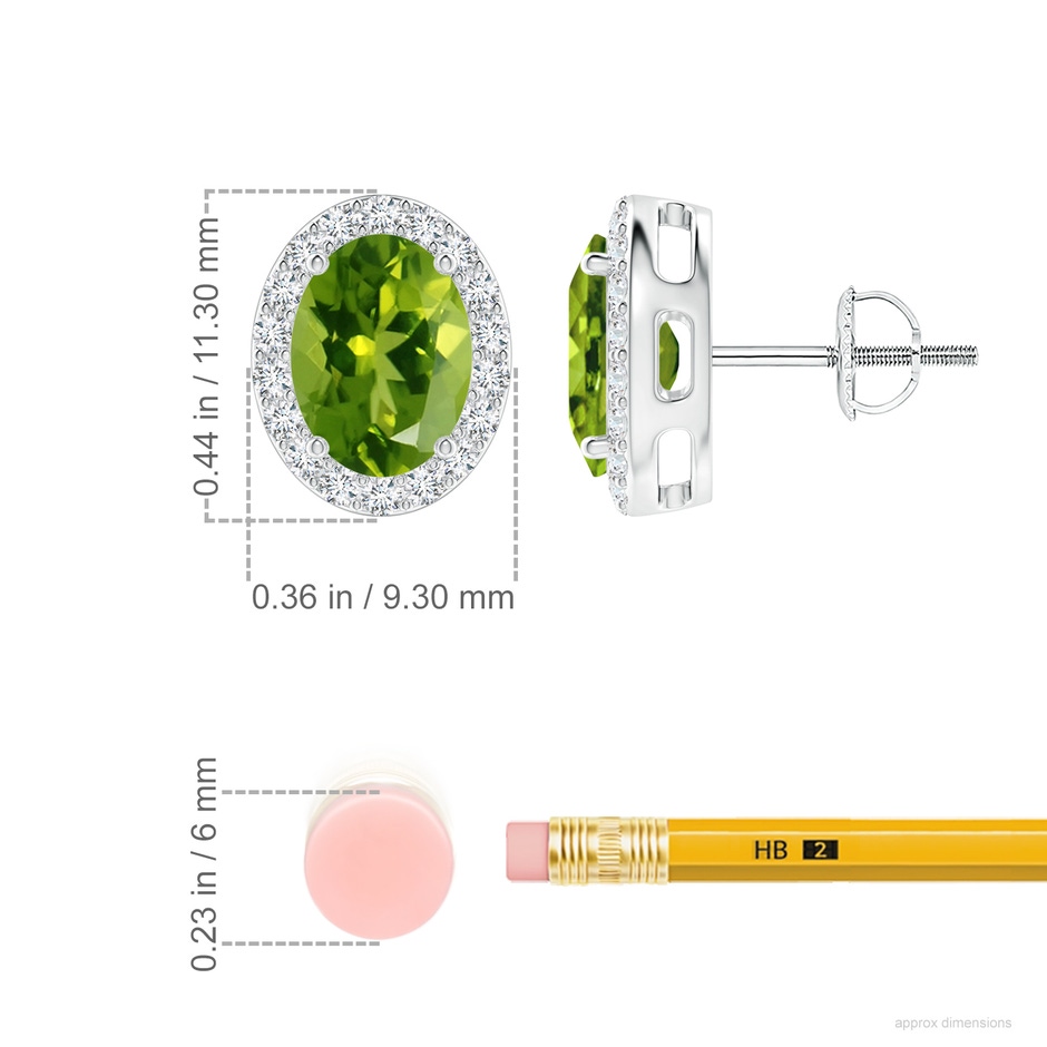 8x6mm AAAA Prong-Set Oval Peridot Stud Earrings with Diamond Halo in P950 Platinum ruler