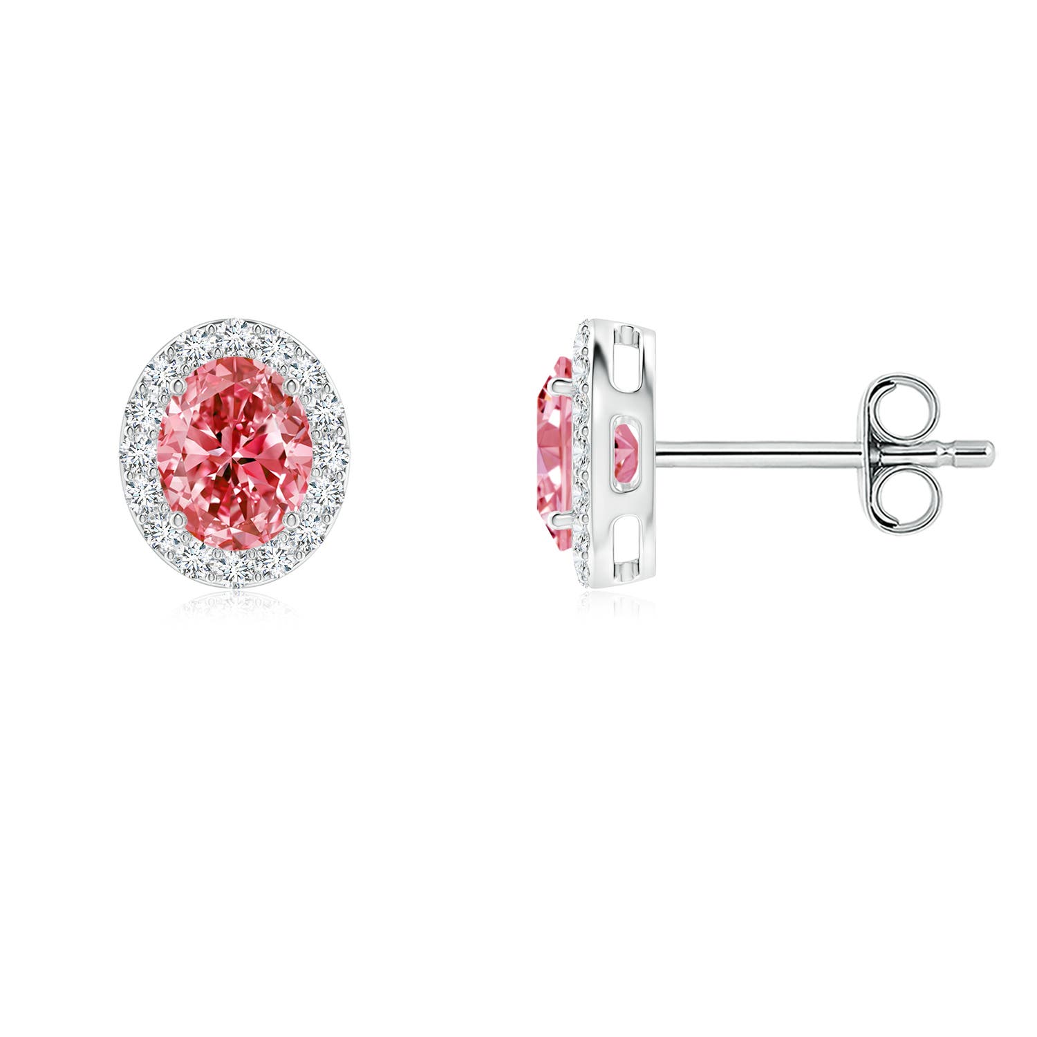 Angara 0.55 CTW Prong-Set Oval Fancy Intense Pink Diamond Stud Earrings with Halo in 18K White Gold