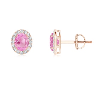 5x4mm A Prong-Set Oval Pink Sapphire Stud Earrings with Diamond Halo in 9K Rose Gold