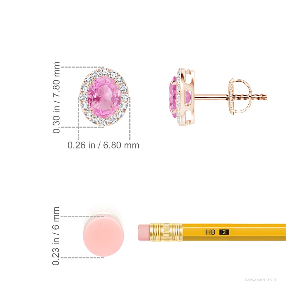 5x4mm A Prong-Set Oval Pink Sapphire Stud Earrings with Diamond Halo in Rose Gold ruler