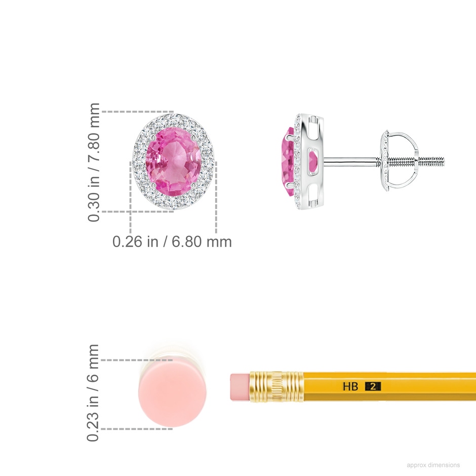 5x4mm AA Prong-Set Oval Pink Sapphire Stud Earrings with Diamond Halo in P950 Platinum ruler