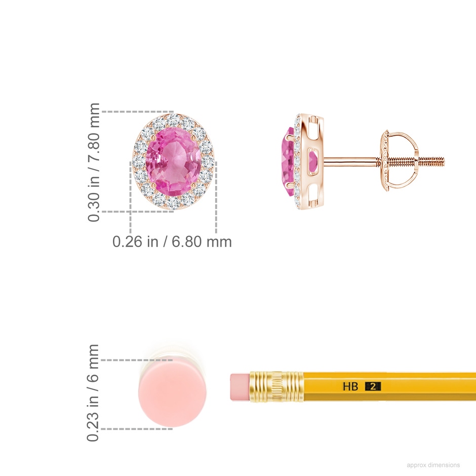 5x4mm AA Prong-Set Oval Pink Sapphire Stud Earrings with Diamond Halo in Rose Gold ruler