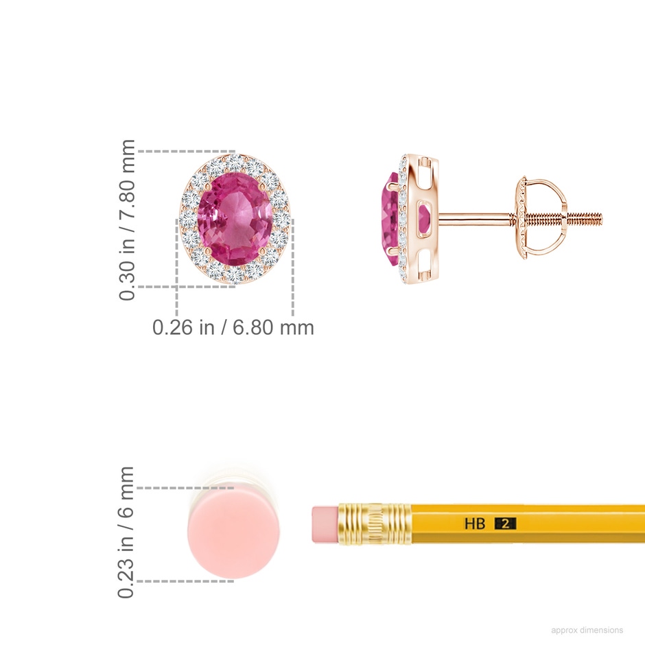 5x4mm AAAA Prong-Set Oval Pink Sapphire Stud Earrings with Diamond Halo in Rose Gold ruler