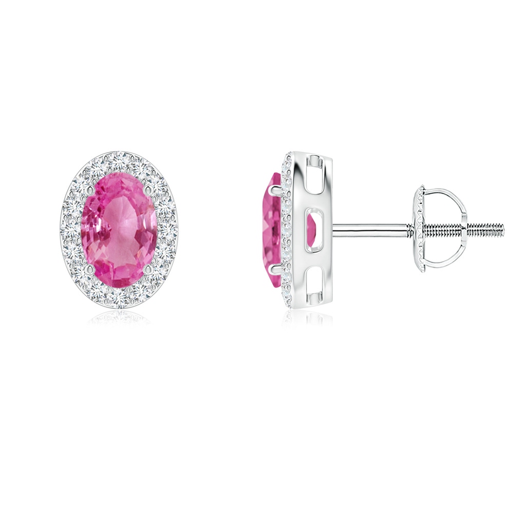 6x4mm AAA Oval Pink Sapphire Studs with Diamond Halo in White Gold