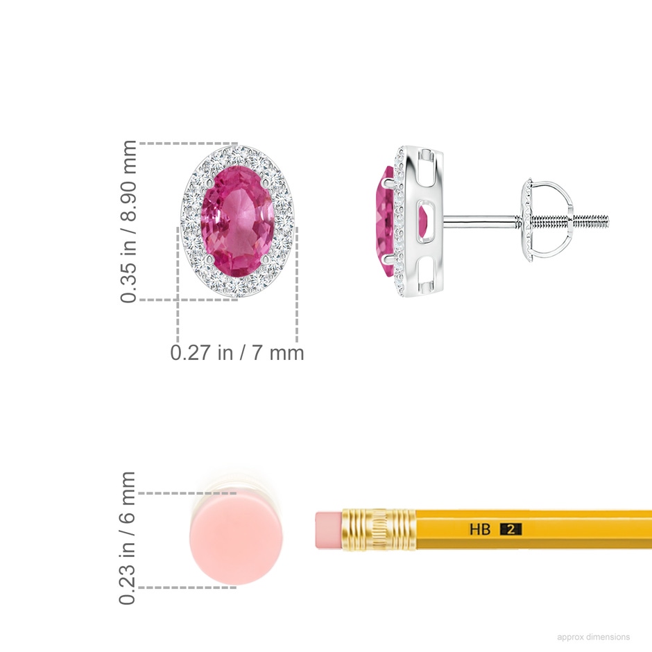 6x4mm AAAA Prong-Set Oval Pink Sapphire Stud Earrings with Diamond Halo in P950 Platinum ruler