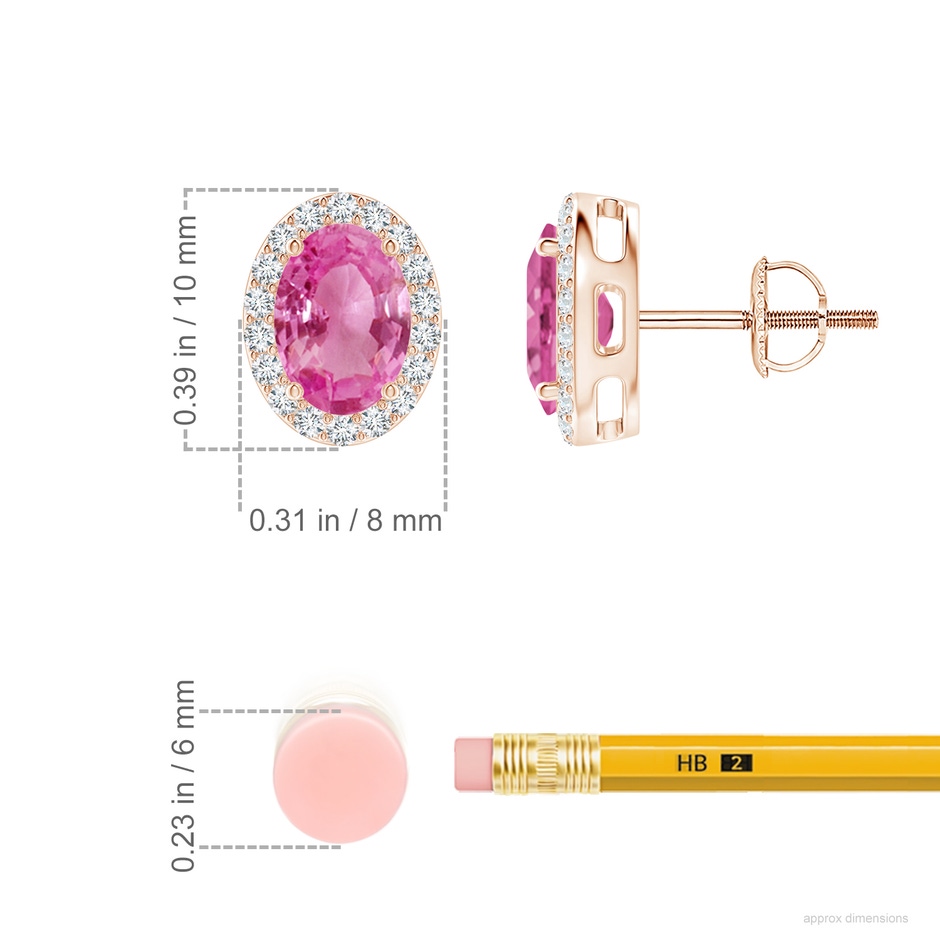 7x5mm AAA Prong-Set Oval Pink Sapphire Stud Earrings with Diamond Halo in Rose Gold ruler