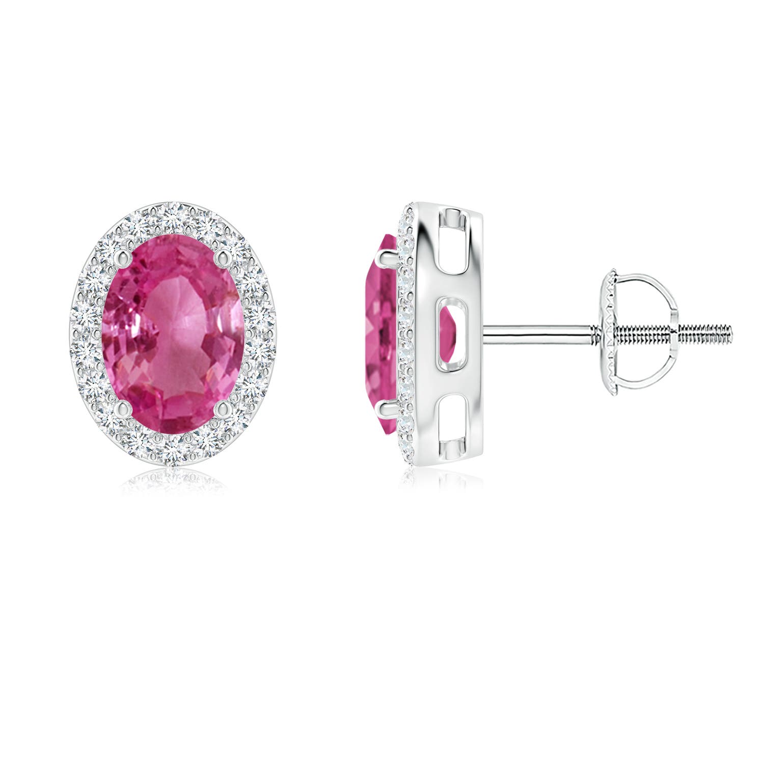7x5mm AAAA Prong-Set Oval Pink Sapphire Stud Earrings with Diamond Halo in P950 Platinum