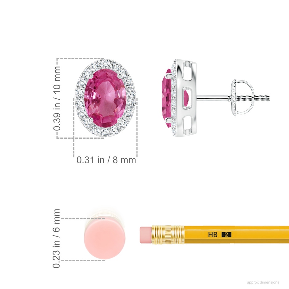 7x5mm AAAA Prong-Set Oval Pink Sapphire Stud Earrings with Diamond Halo in P950 Platinum ruler