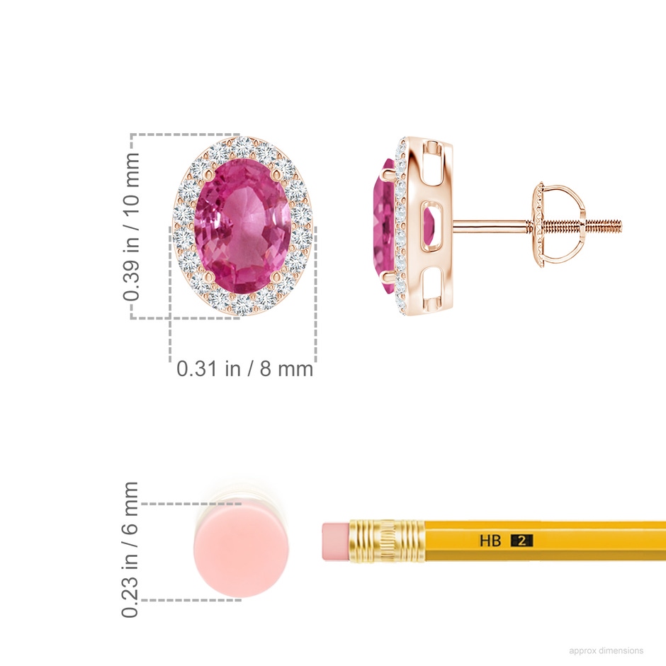 7x5mm AAAA Prong-Set Oval Pink Sapphire Stud Earrings with Diamond Halo in Rose Gold ruler