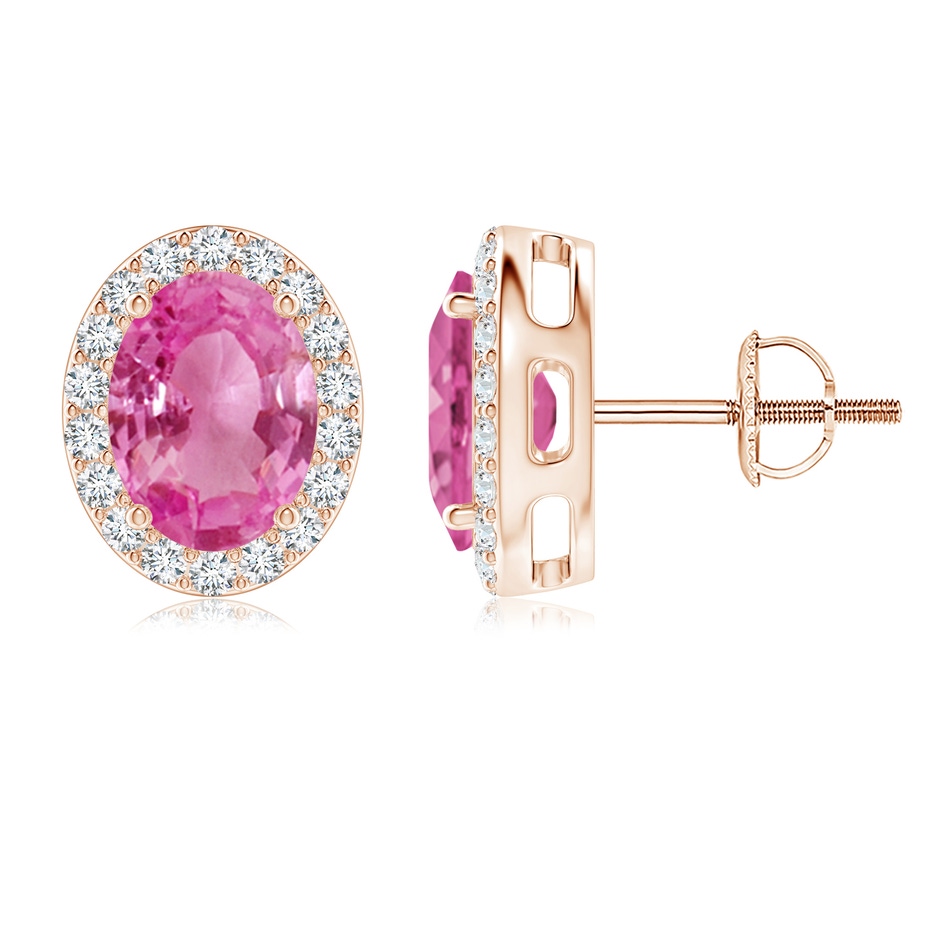 8x6mm AAA Oval Pink Sapphire Studs with Diamond Halo in Rose Gold 