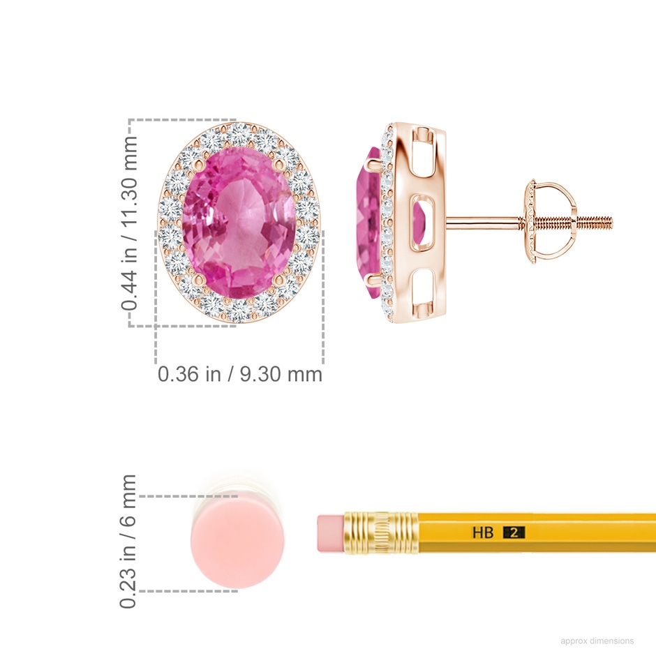8x6mm AAA Prong-Set Oval Pink Sapphire Stud Earrings with Diamond Halo in Rose Gold ruler