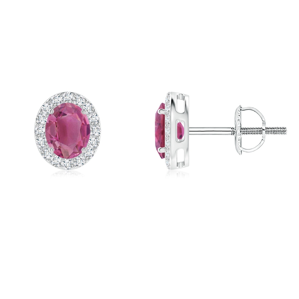 5x4mm AAA Oval Pink Tourmaline Studs with Diamond Halo in White Gold