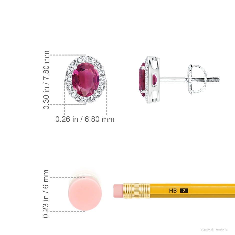 5x4mm AAAA Prong-Set Oval Pink Tourmaline Stud Earrings with Diamond Halo in White Gold ruler