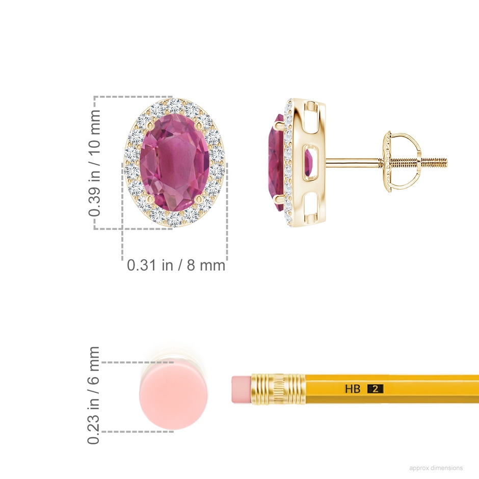 7x5mm AAA Prong-Set Oval Pink Tourmaline Stud Earrings with Diamond Halo in 18K Yellow Gold ruler