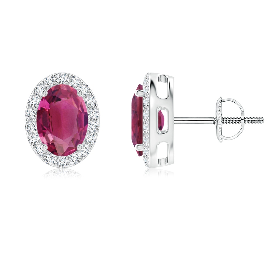 7x5mm AAAA Oval Pink Tourmaline Studs with Diamond Halo in P950 Platinum 