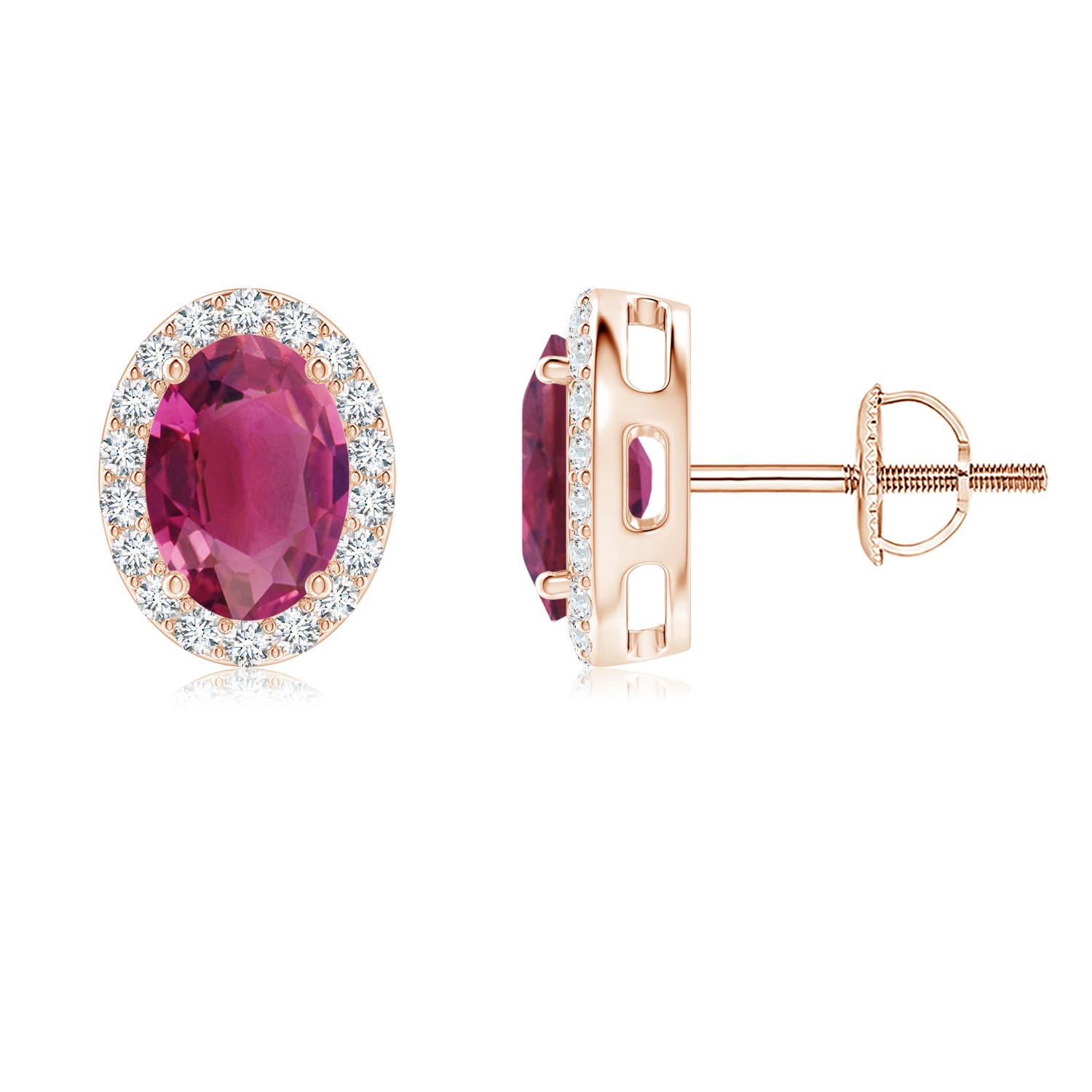 7x5mm AAAA Prong-Set Oval Pink Tourmaline Stud Earrings with Diamond Halo in Rose Gold