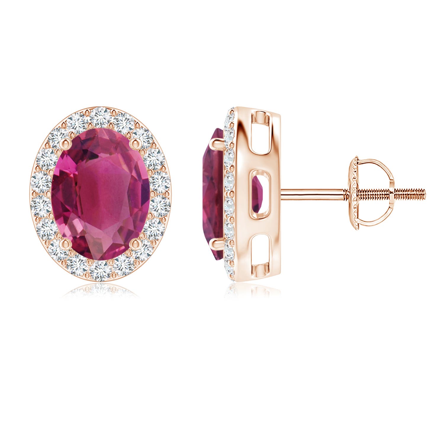 8x6mm AAAA Prong-Set Oval Pink Tourmaline Stud Earrings with Diamond Halo in 18K Rose Gold