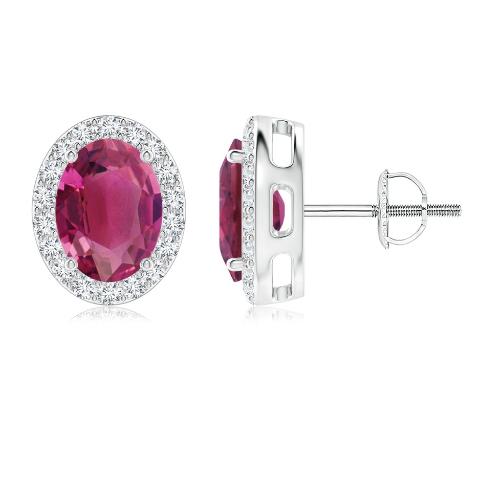 8x6mm AAAA Oval Pink Tourmaline Studs with Diamond Halo in P950 Platinum 