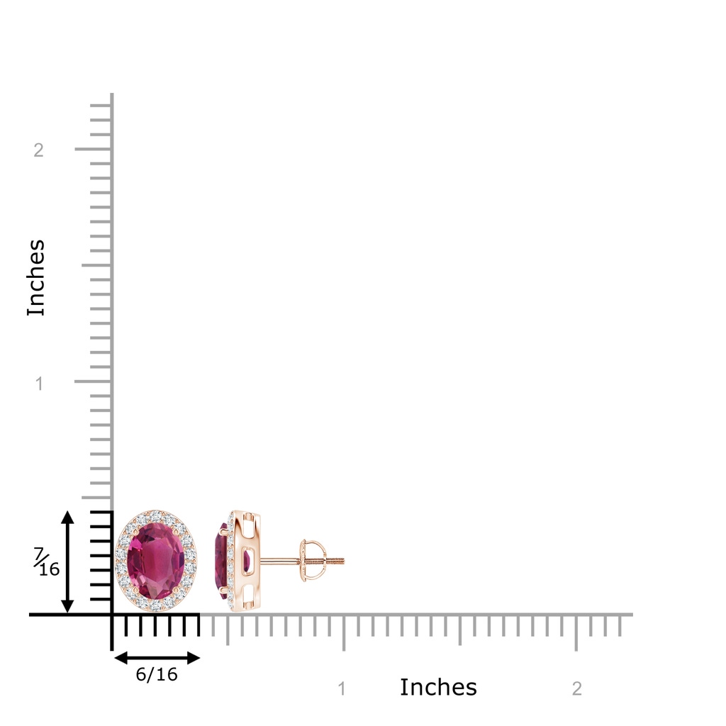 8x6mm AAAA Oval Pink Tourmaline Studs with Diamond Halo in Rose Gold Ruler