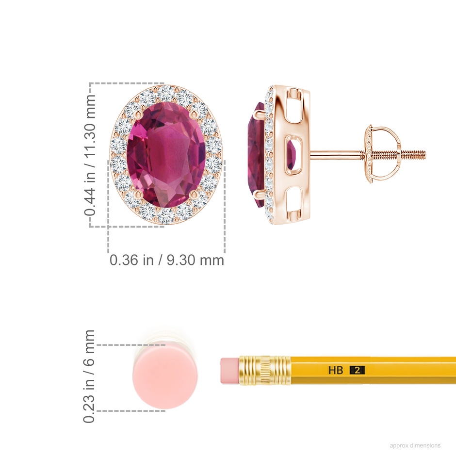 8x6mm AAAA Prong-Set Oval Pink Tourmaline Stud Earrings with Diamond Halo in Rose Gold ruler