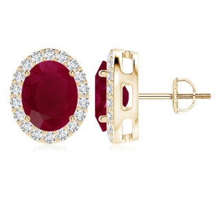 10x8mm A Oval Ruby Studs with Diamond Halo in 10K Yellow Gold