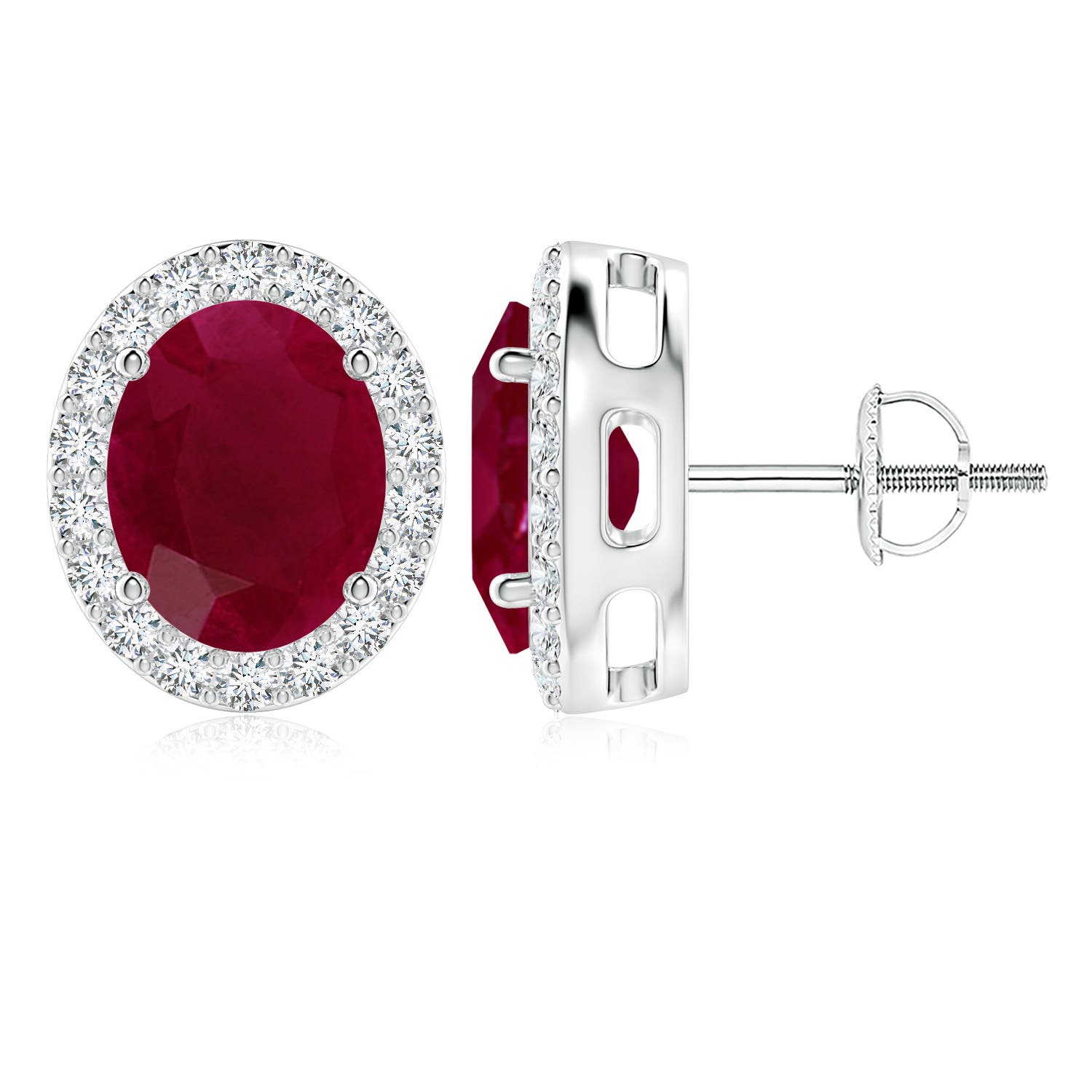 10x8mm A Prong-Set Oval Ruby Stud Earrings with Diamond Halo in P950 Platinum
