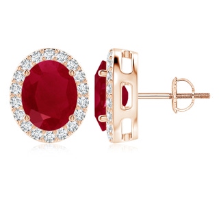 10x8mm AA Prong-Set Oval Ruby Stud Earrings with Diamond Halo in 18K Rose Gold