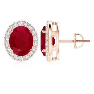 10x8mm AA Oval Ruby Studs with Diamond Halo in Rose Gold