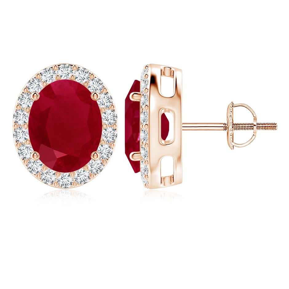 10x8mm AA Prong-Set Oval Ruby Stud Earrings with Diamond Halo in Rose Gold 